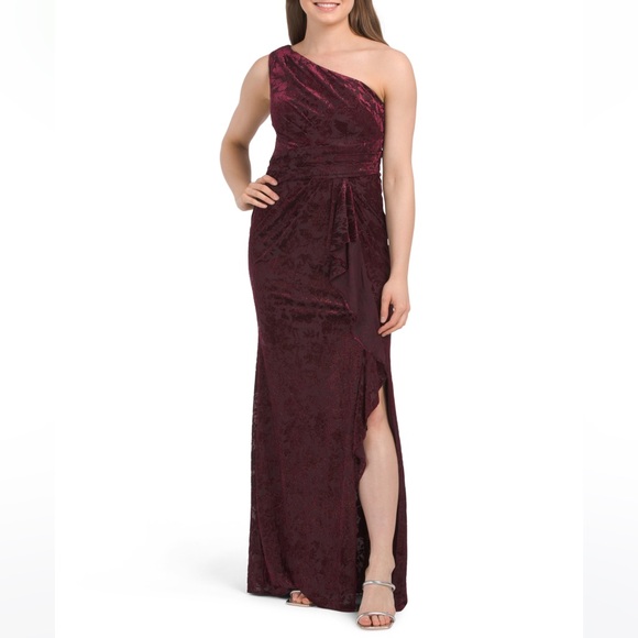 ADRIANNA PAPELL Burgundy One Shoulder Velvet Burnout Gown - Picture 9 of 11